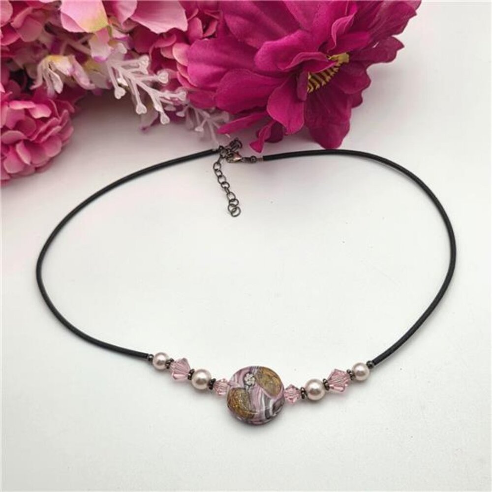 Pink Lampwork Glass Pendant Necklace Murano Style Gold Foil Sterling Clasp 18 In - Picture 2 of 8